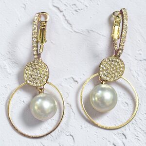 Gold Pearl Drop Earrings Rhinestone Hoop Dangle Earrings Elegant Statement